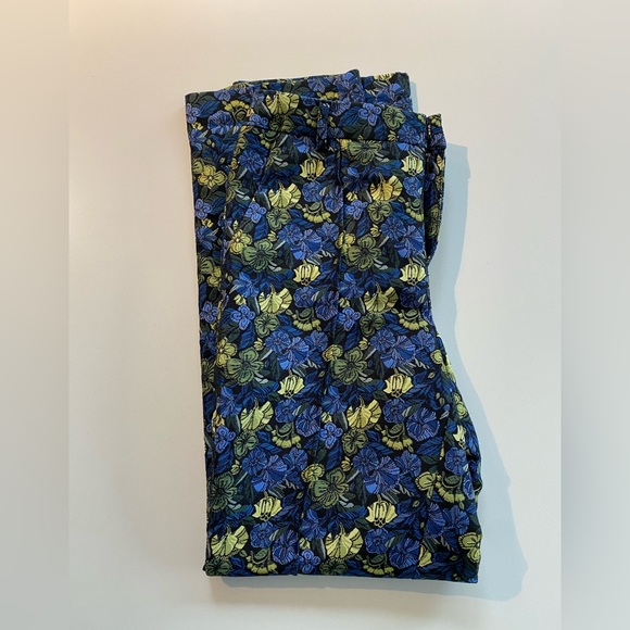 Anthropologie Current Air Bluebell Jacquard Pants Blue Yellow Floral Motif - Picture 6 of 12